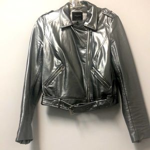 Zara crop silver chrome belted with zipper leather jacket